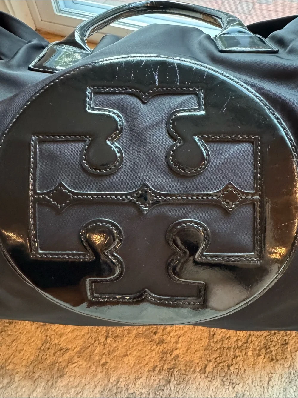 Tory Burch Black Nylon Tote with Patent Logo
